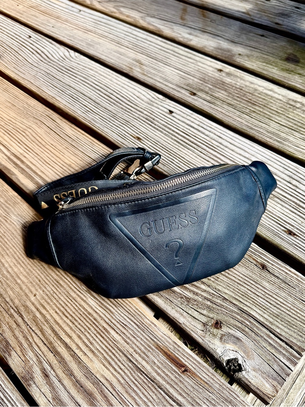 GUESS Black Leather Logo Belt Bag with Branded Strap